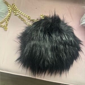Black Faux Fur Pom Crossbody Bag with Gold Chain